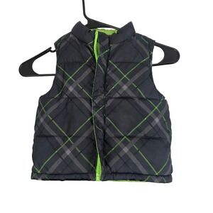 Boys Puffer Vest Plaid Charcoal Neon Green zip Front Sleeveless Outerwear